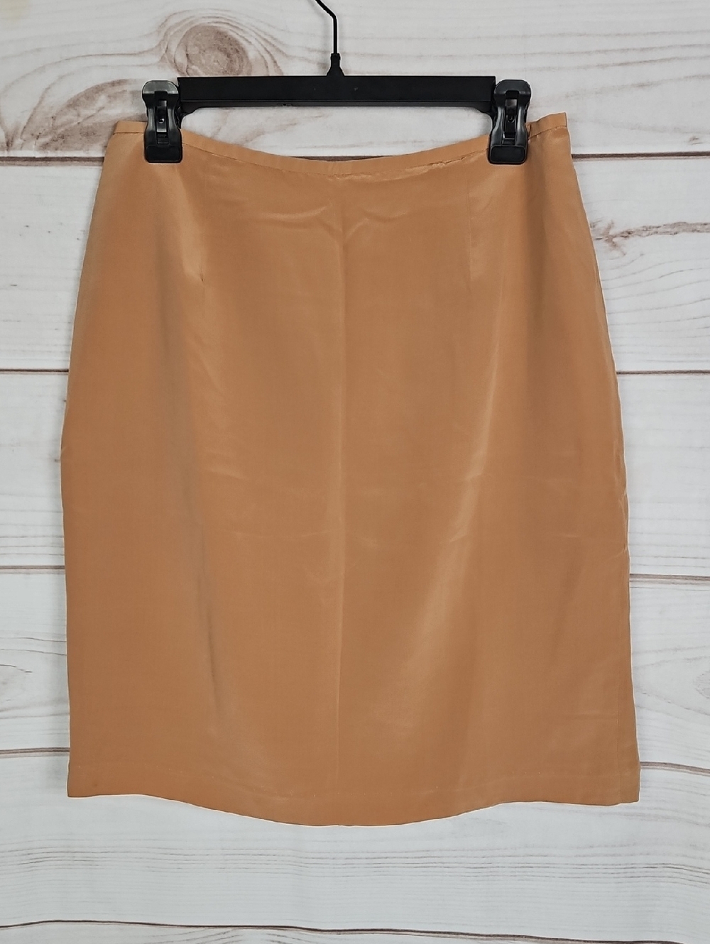 Via Seta Studio Vintage 100% Silk Pencil Skirt Size 12 Camel Tan